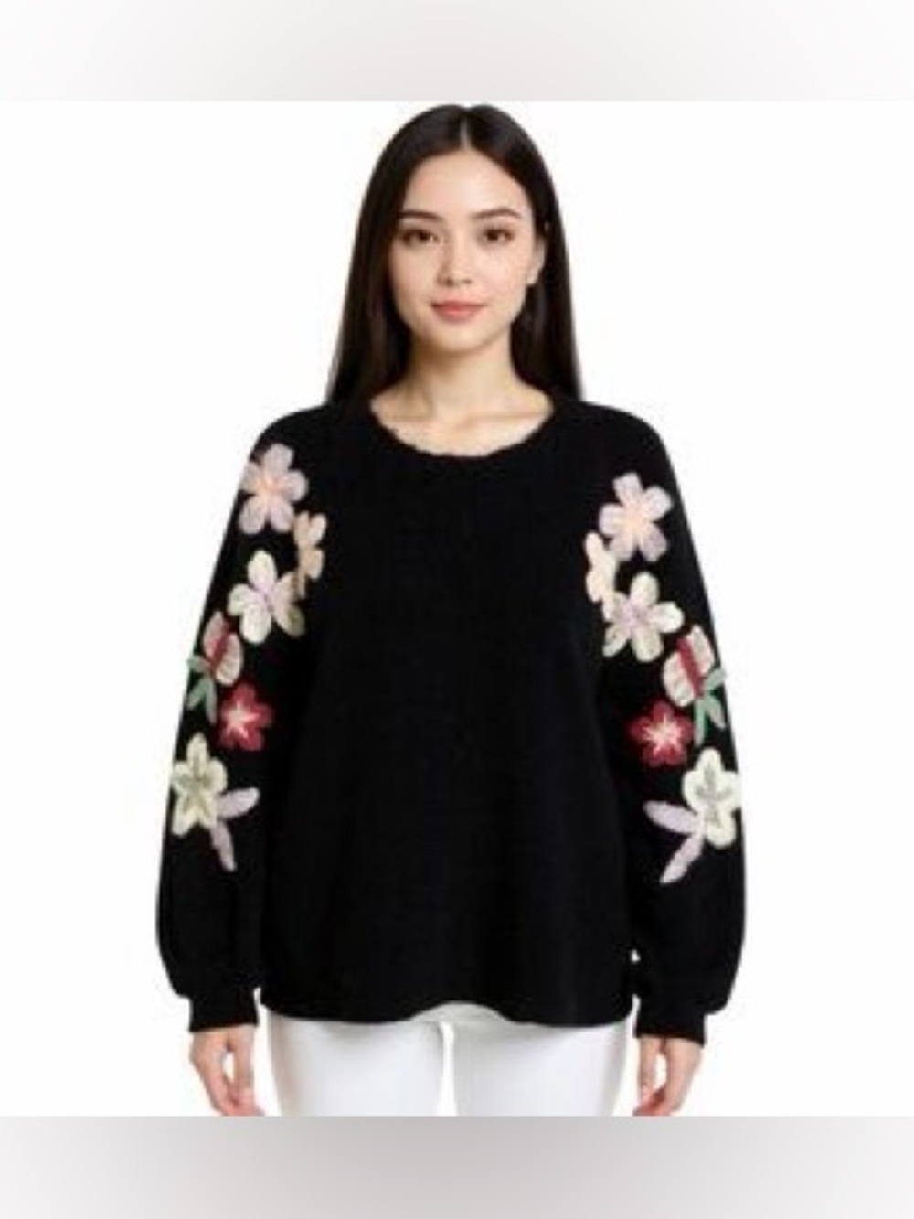 Boundless North Black Floral flower Embroidered Crewneck Sweater